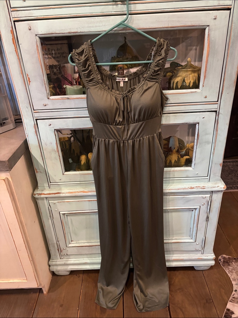 Derek Heart Olive Green Ruffled Strap Jumpsuit/ silk like material- like new